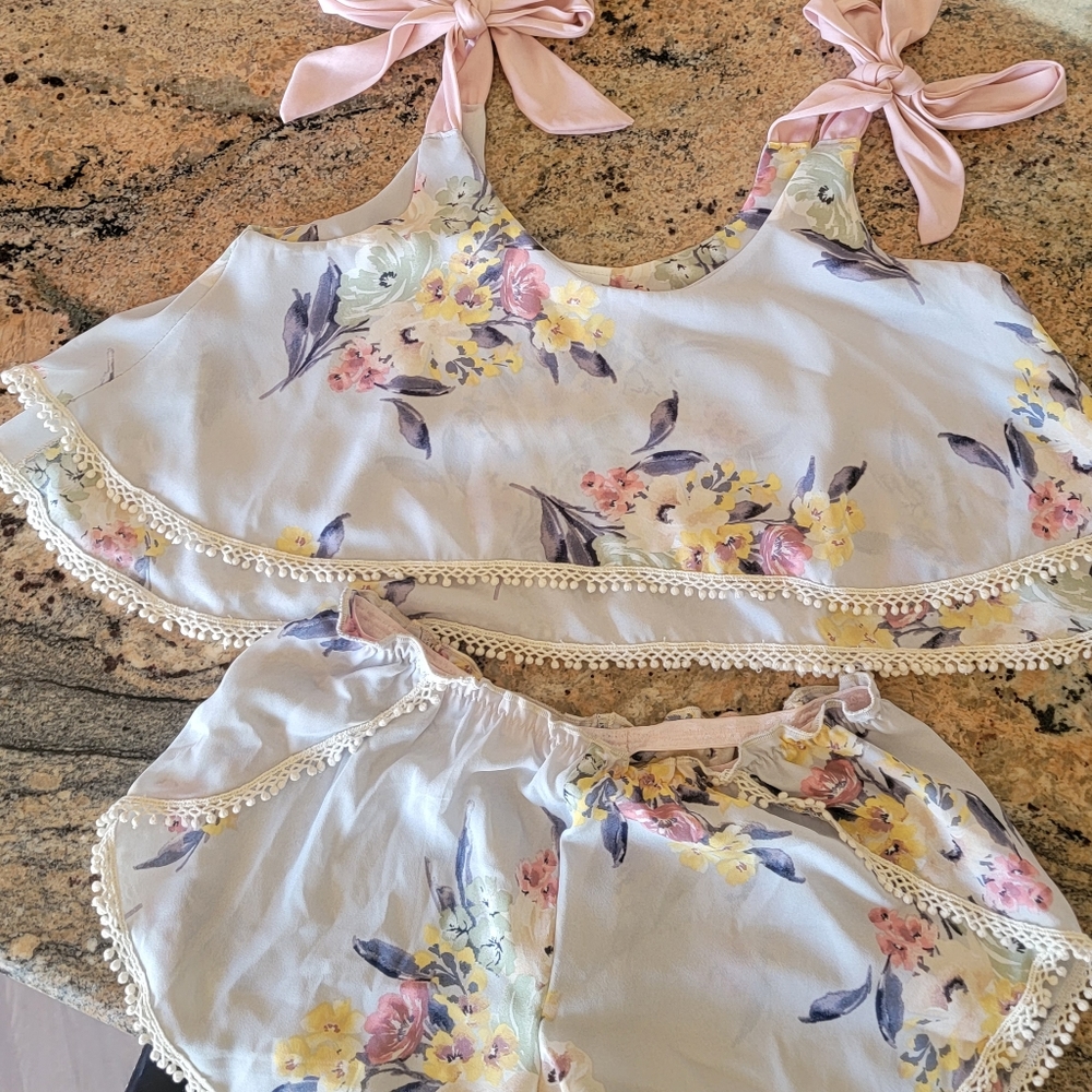 Two piece summer top and bottom size small light blue and pink boho